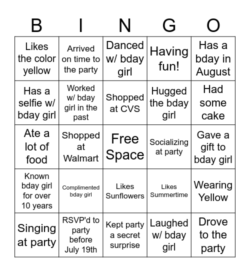 Carmen's Birthday Bash Bingo Card