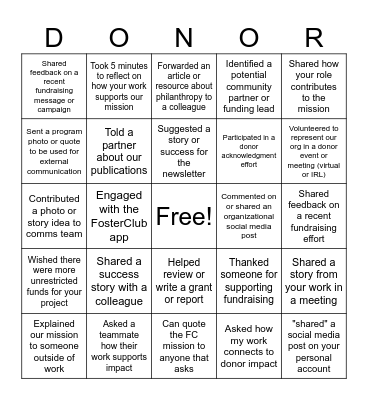 Donor Bingo Card