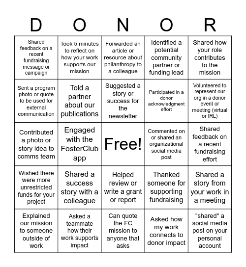 Donor Bingo Card