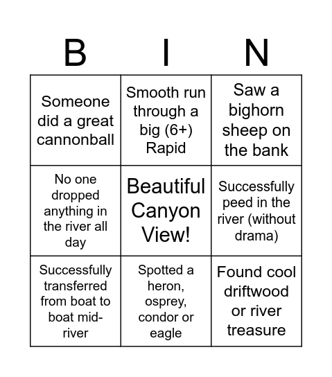 Grand Canyon Bingo Card