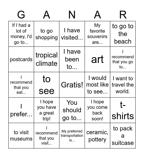 SPA 3:  Viaja Vocabulario (SPA -->ENG) Bingo Card