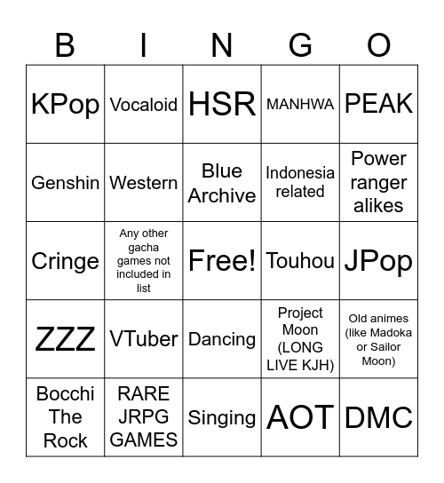 cosplay Bingo Card