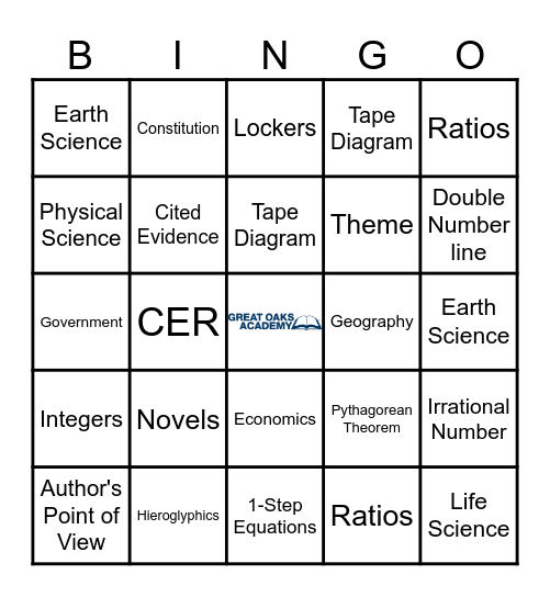 Middle School BINGO Card