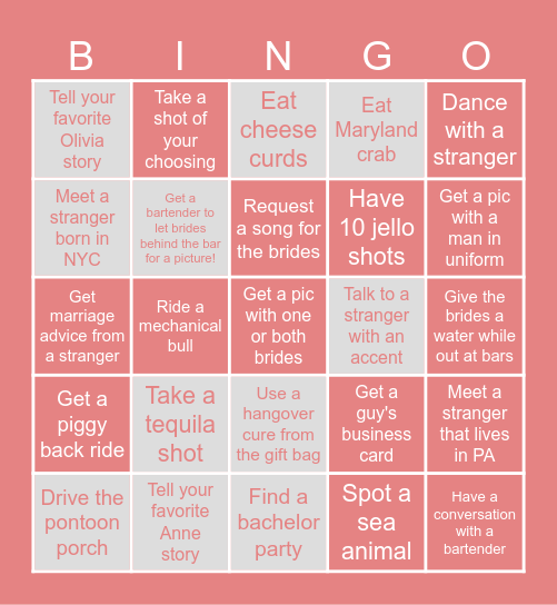 Bachelorette Bingo Card
