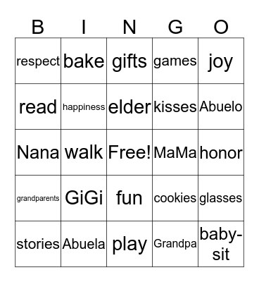 Grandparent's Day Bingo Card