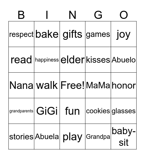 Grandparent's Day Bingo Card