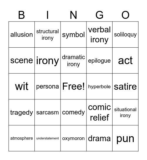 Literary Terms Units III, IV, VIII Bingo Card
