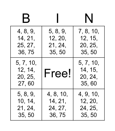 Bingo das frações Bingo Card