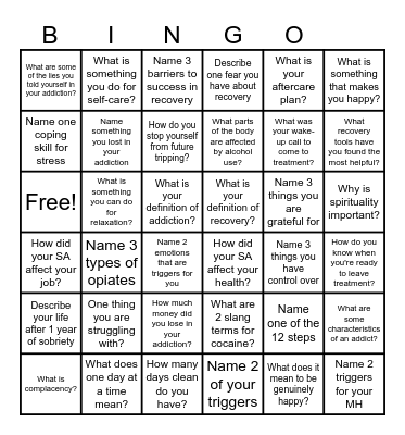 Recovery Bingo! Bingo Card