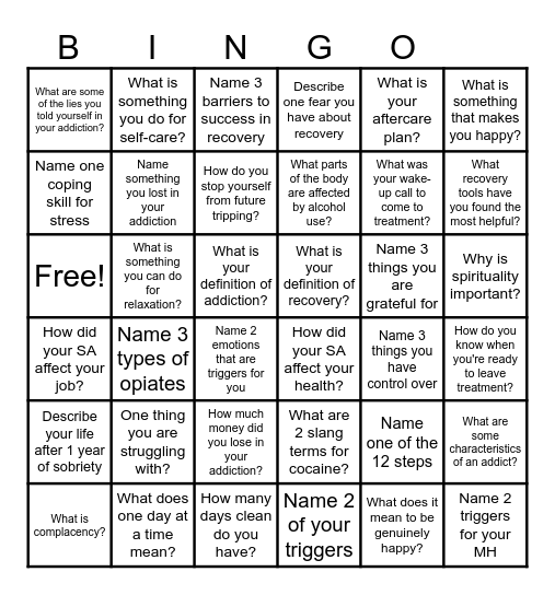 Recovery Bingo! Bingo Card