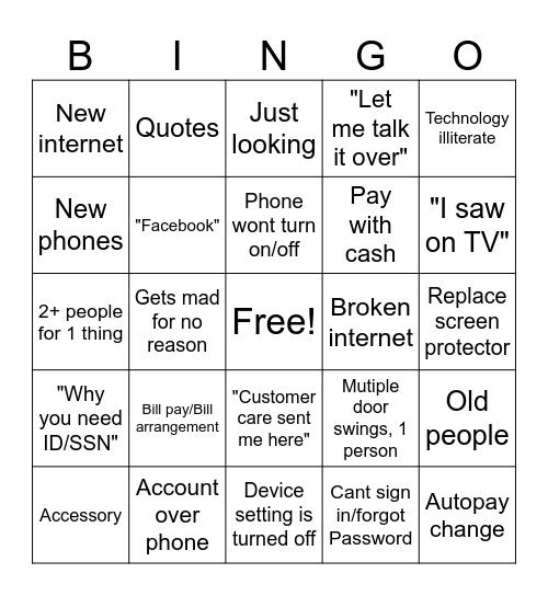 Customer bingo Card