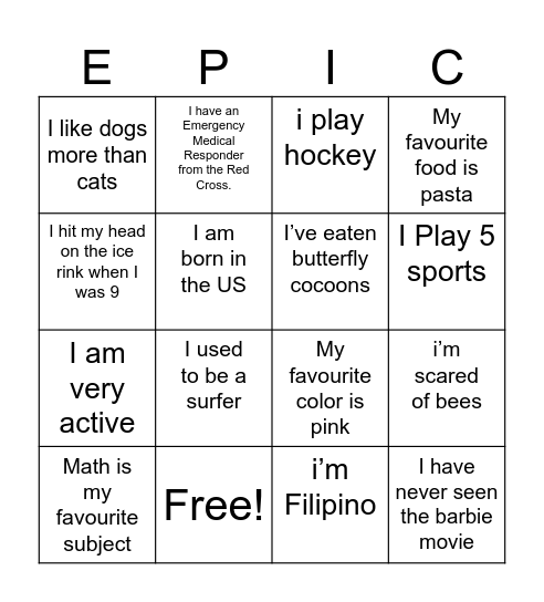 Period 1- Fun facts Bingo Card