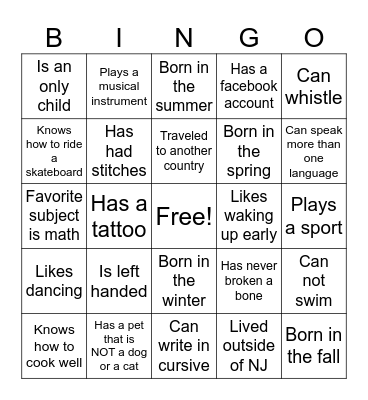 Get to know you Bingo Card