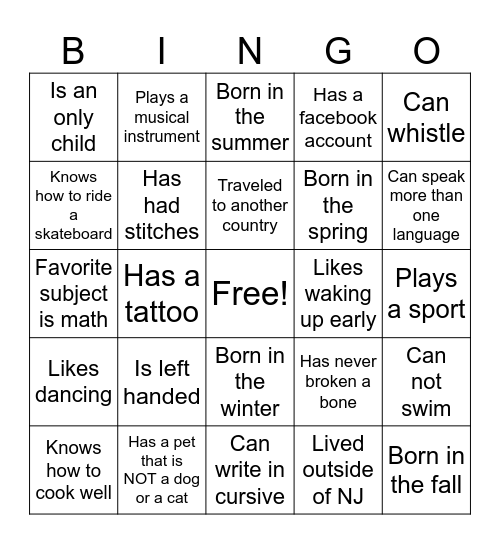 Get to know you Bingo Card