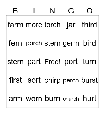 -r- controlled vowels Bingo Card