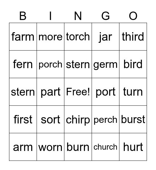-r- controlled vowels Bingo Card