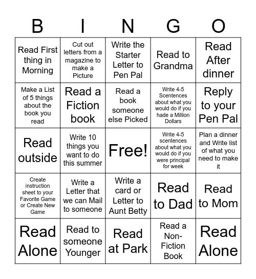 Summer Bingo (Reading spots are 15 min Minimum) Bingo Card