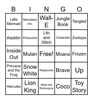 Disney/Pixar Movie Music Bingo Card