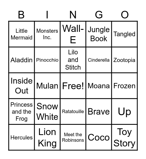 Disney/Pixar Movie Music Bingo Card
