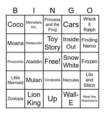 Disney/Pixar Movie Music Bingo Card