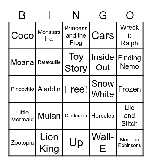 Disney/Pixar Movie Music Bingo Card