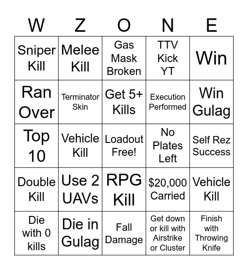 Warzone Bingo Card
