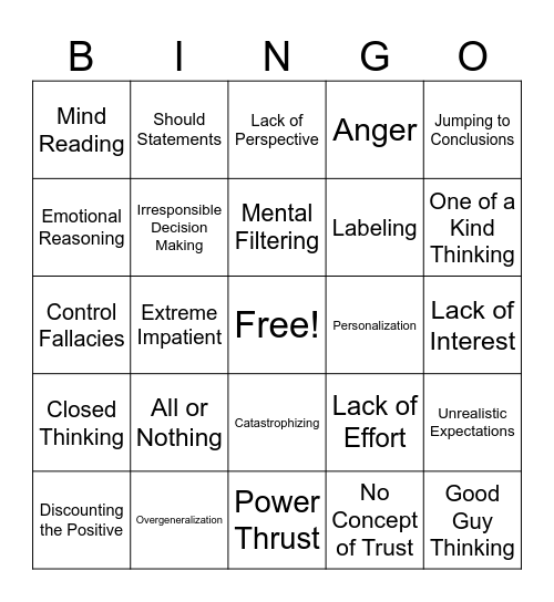 Thinking Errors Bingo Card
