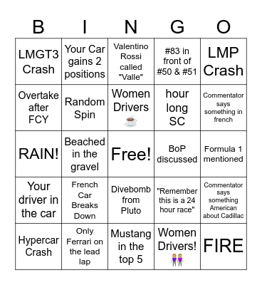 Le Mans 2025 Bingo Card