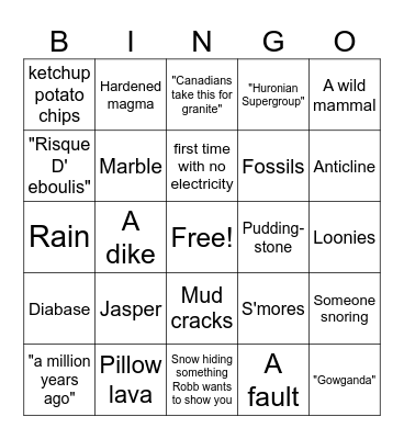 Canada Geology Trip Bingo Card