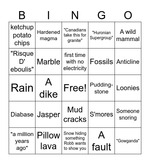 Canada Geology Trip Bingo Card