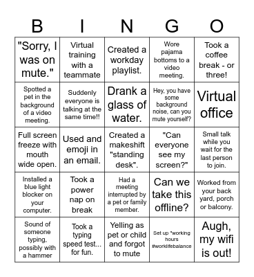 Work From Home Bingo Card