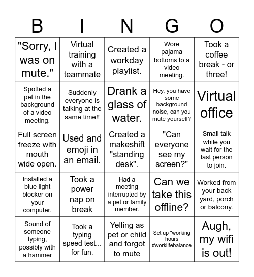 Work From Home Bingo Card