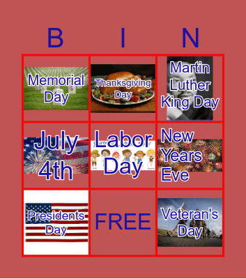 National Holidays Bingo Card