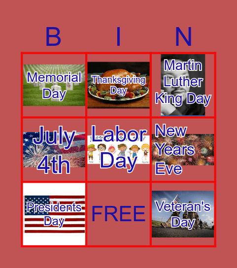 National Holidays Bingo Card