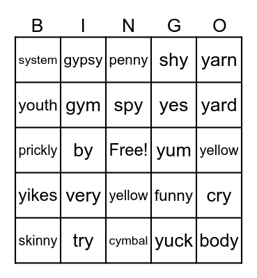 y sounds Bingo Card