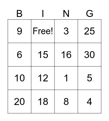 Multiplication Bingo Card