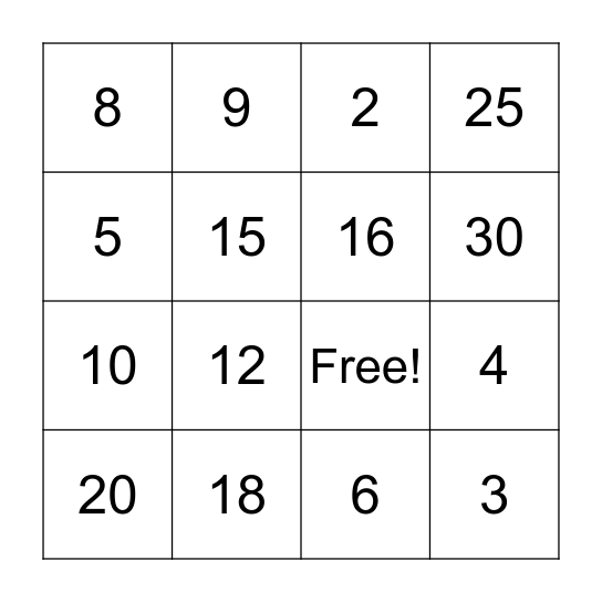 Multiplication Bingo Card