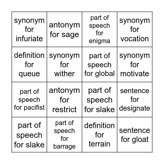 Unit 3 Vocabulary Bingo Card