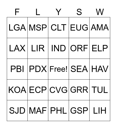 Southwest Airlines Bag Tag Bingo Card