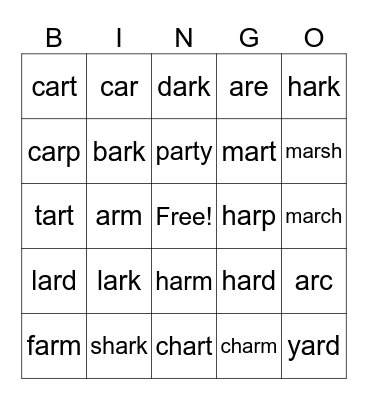 -r- controlled vowels  -ar Bingo Card