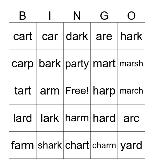 -r- controlled vowels  -ar Bingo Card