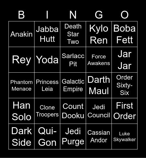 Everything Starwars Bingo Card