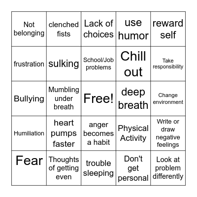 Anger Bingo for Teens Bingo Card