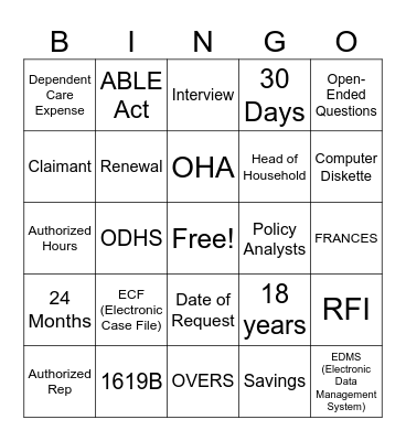 Eligibility Bingo Card