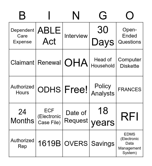 Eligibility Bingo Card