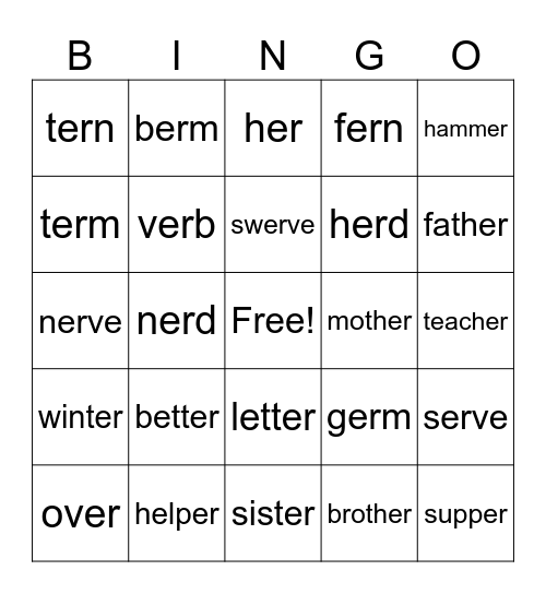 -r- controlled vowels -er- Bingo Card
