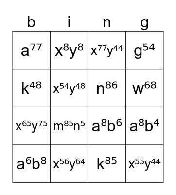 LCM Monomials Bingo Card