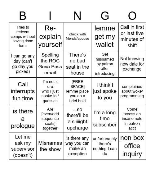 Box Office Bingo Card