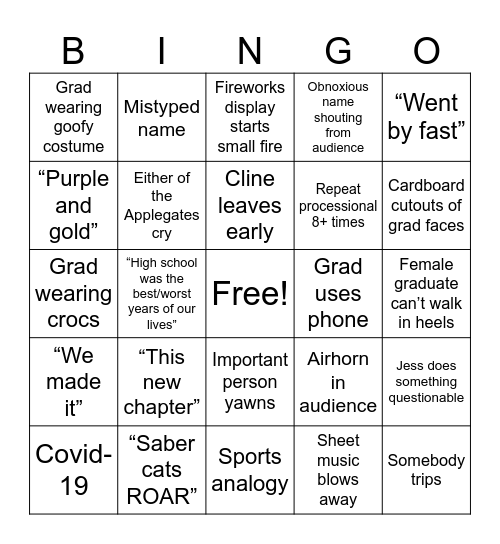 Sabino graduation Bingo Card