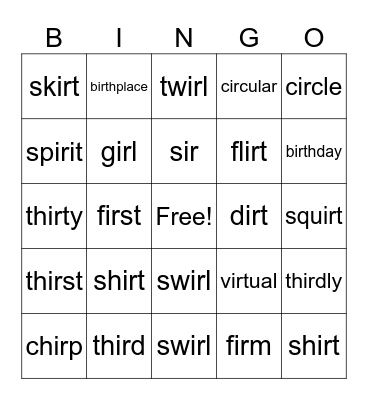 -r- controlled vowels all -ir- Bingo Card